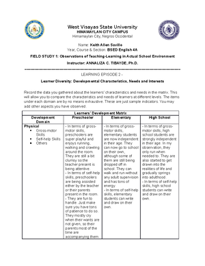 U8 Savillo (Done) - School work for Field Study 1 - West Visayas State ...