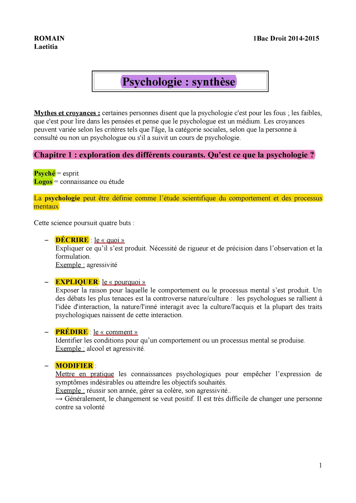 Synthese Psycho Synthèse Complète Du Cours Laetitia Psychologie Synthèse Mythes Et 8009