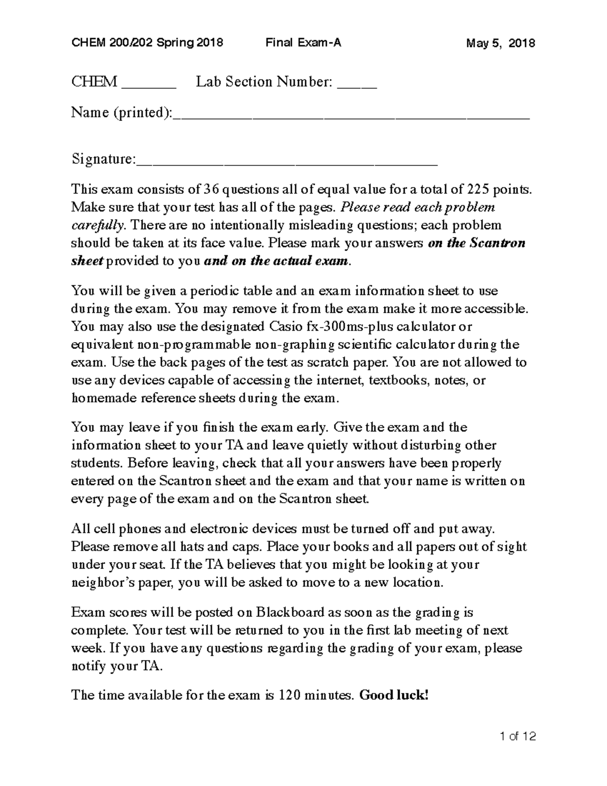 Final Exam Spring 2018-Final A Questions - CHEM _______ Lab Section ...