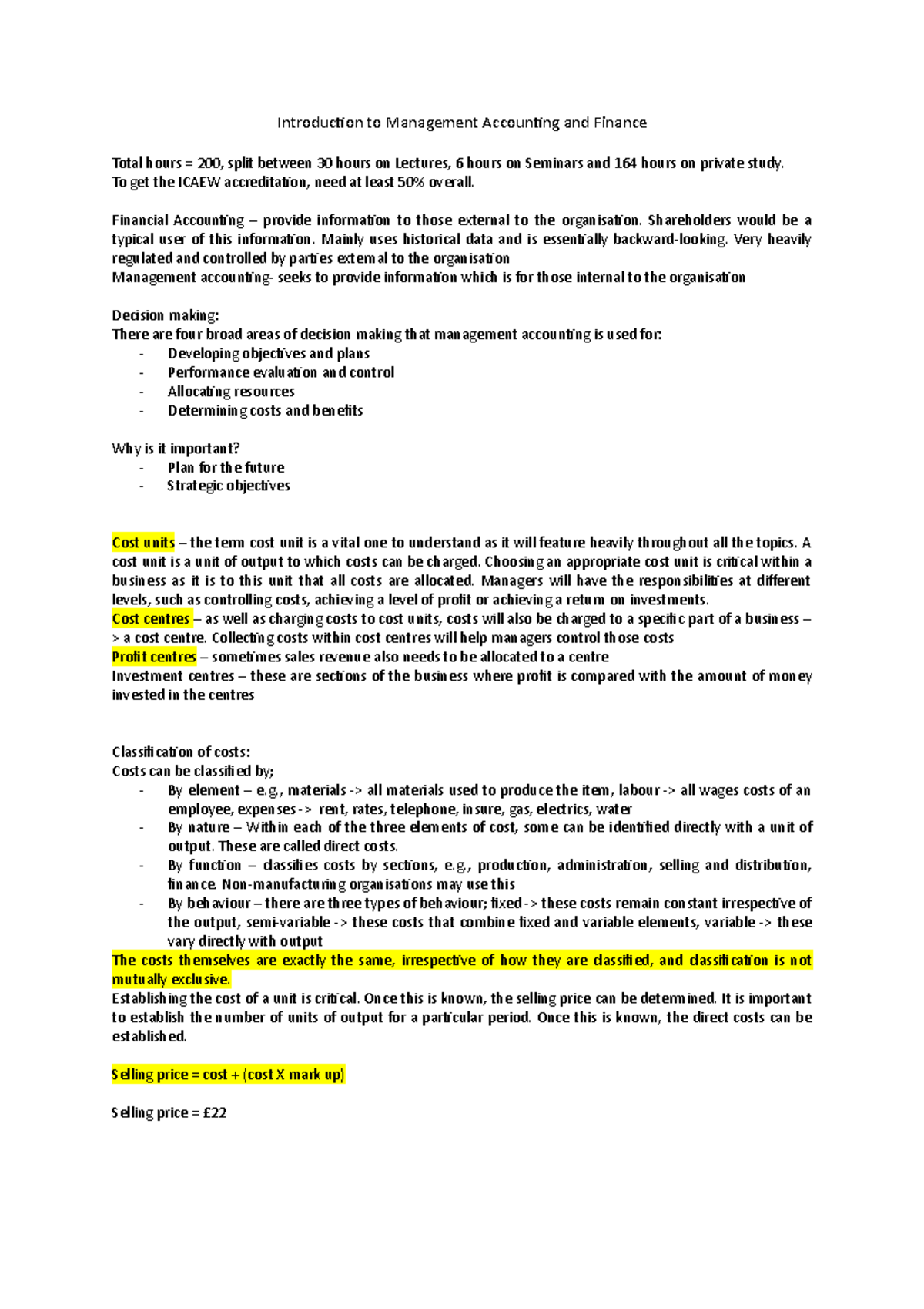 Week 1 - lecture notes - Introduction to Management Accounting and ...