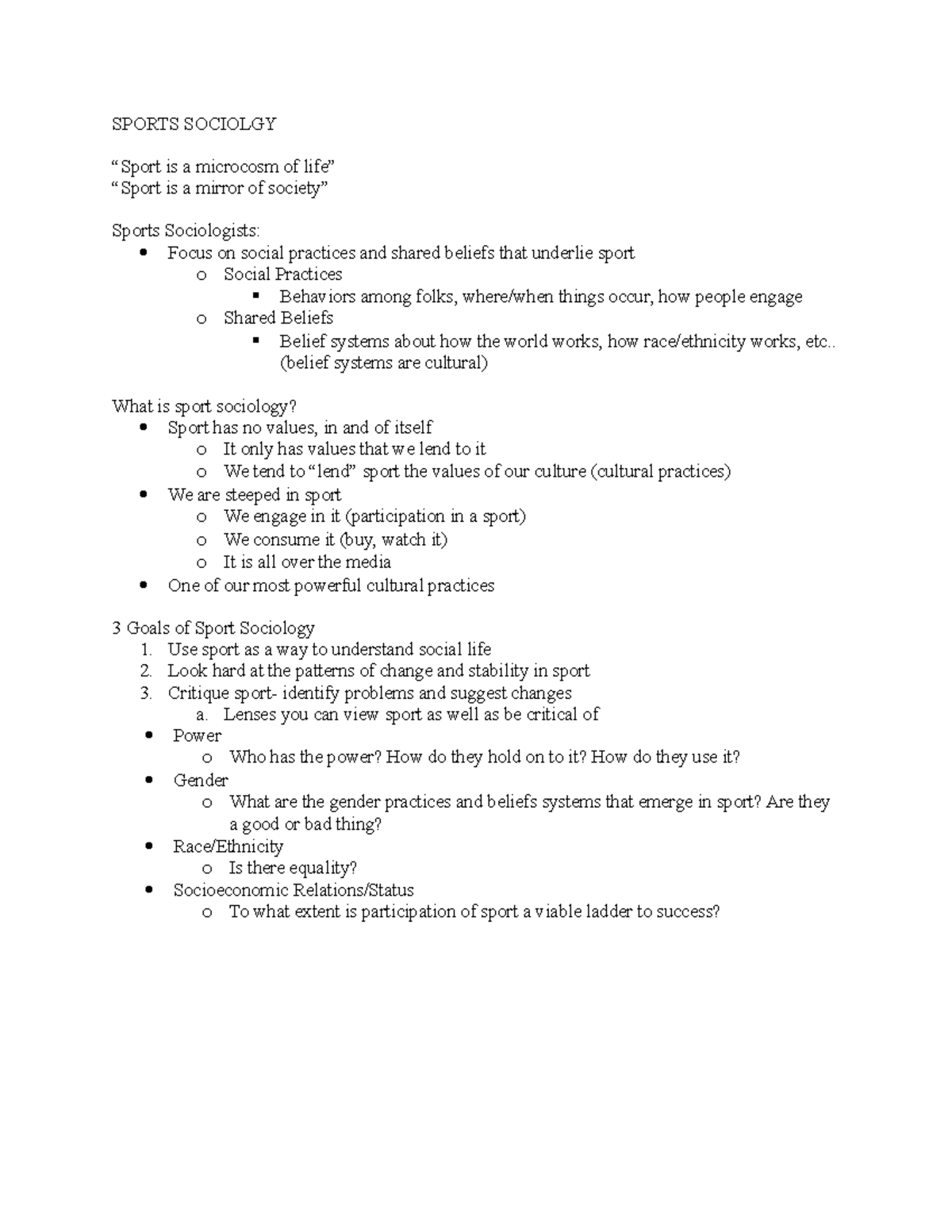 Module 4 Sociology SPORTS SOCIOLGY “Sport is a microcosm of life