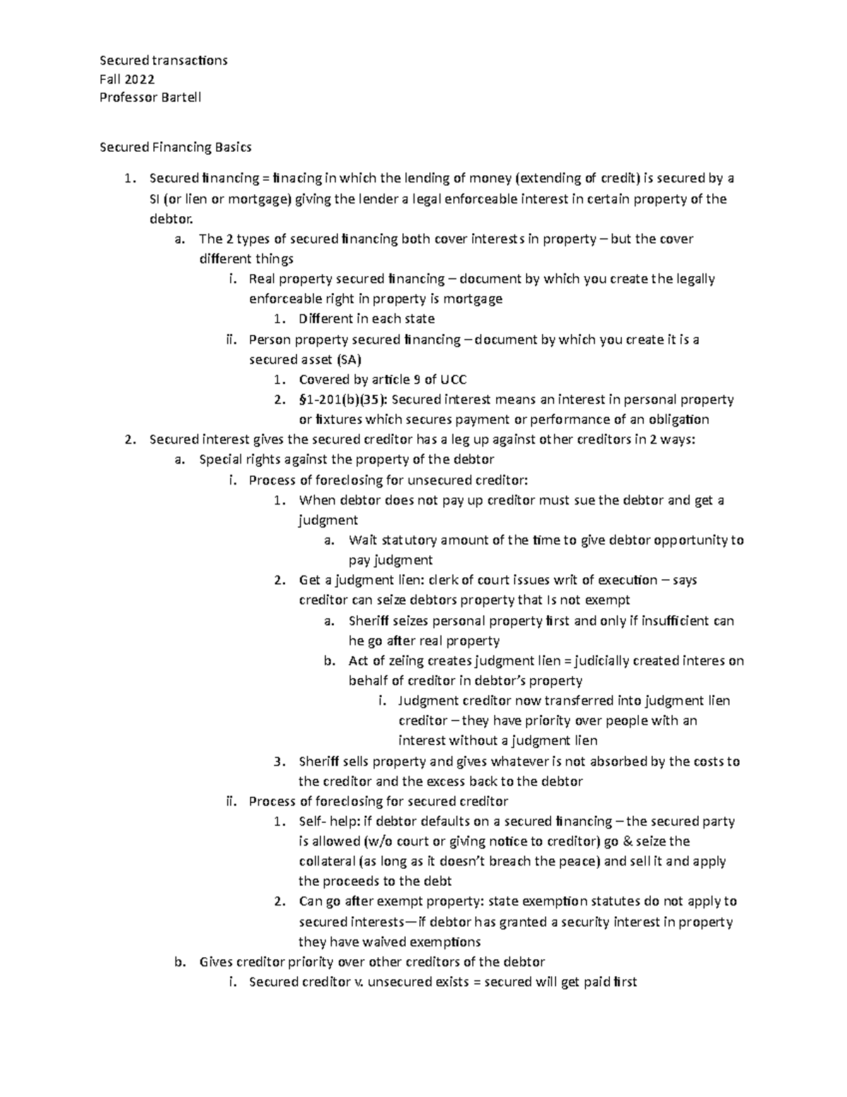 Secured transactions outline Fall 2022 - Fall 2022 Professor Bartell ...