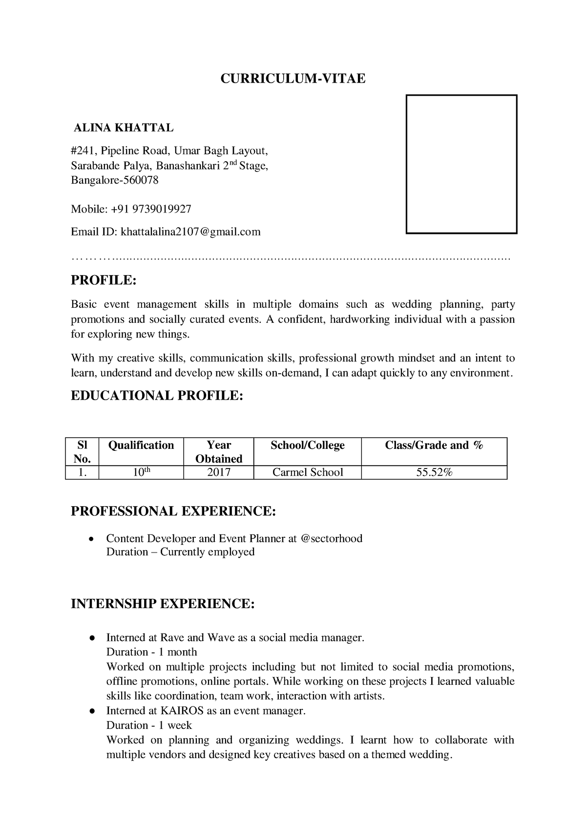 Curriculum Vitae Alina - CURRICULUM-VITAE ALINA KHATTAL #241, Pipeline ...