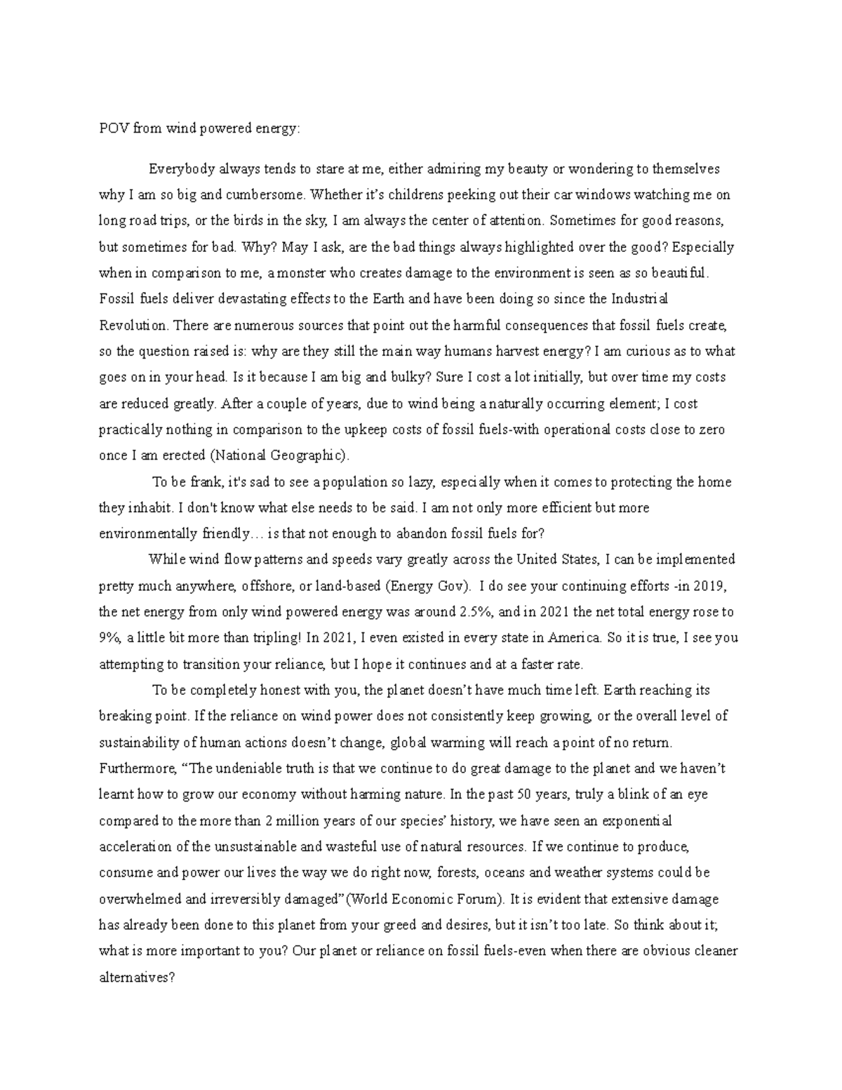 Prosopopoeia - Essay example prosop. - POV from wind powered energy ...