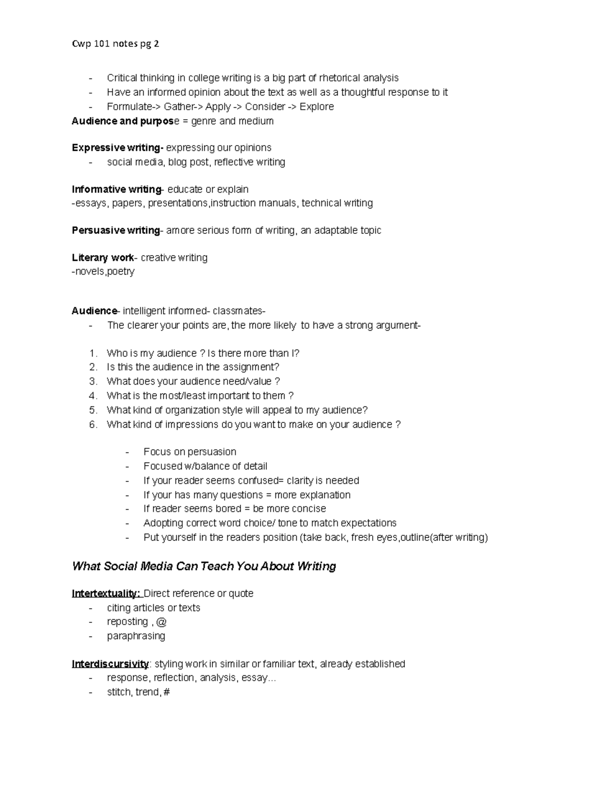 Cwp 101 notes pg 2 - Audience and purpose of writing - Cwp 101 notes pg ...