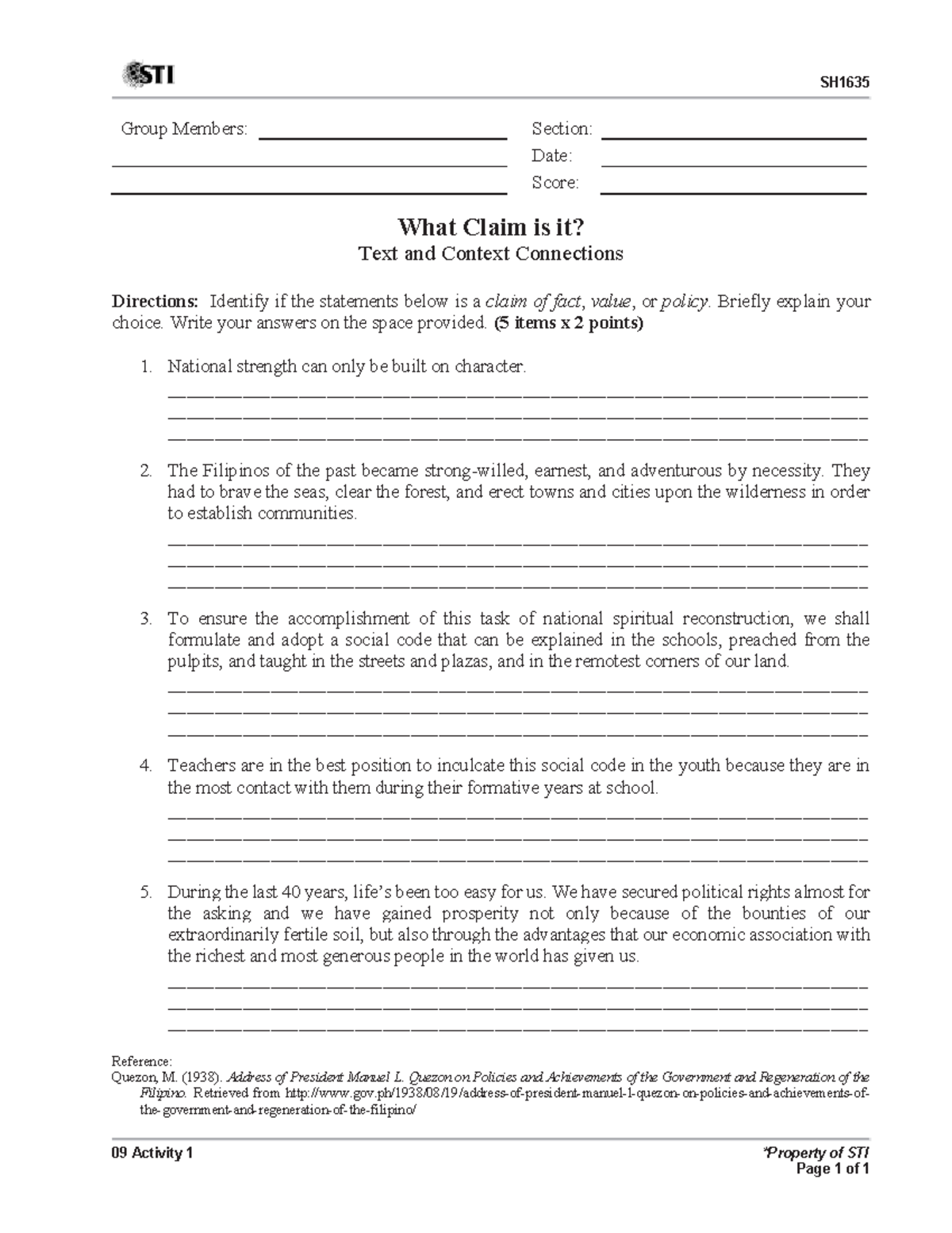 SH1635 Reading and Writing Skills 09 Activity 1 SH 09 Activity 1 *Property of STI Page 1 of