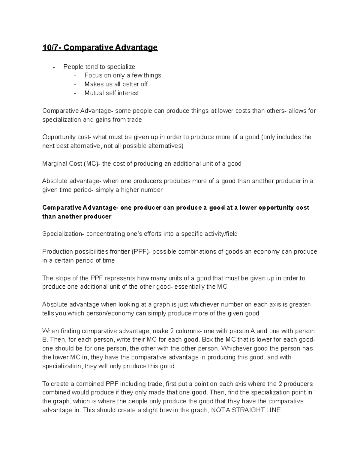 Econ 101 Notes for Midterm #2 - 10/7- Comparative Advantage People tend ...
