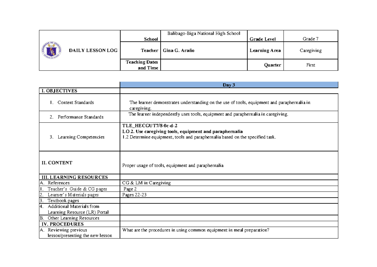 DLL- Caregiving- Balibago-BIGA NHS - DAILY LESSON LOG School Balibago ...