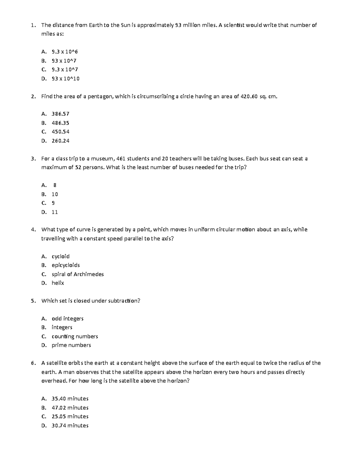 Diagnostic Exam - Math - The distance from Earth to the Sun is ...