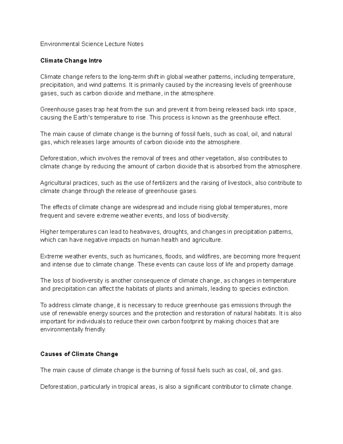 Climate Change Notes #1 - Environmental Science Lecture Notes Climate ...