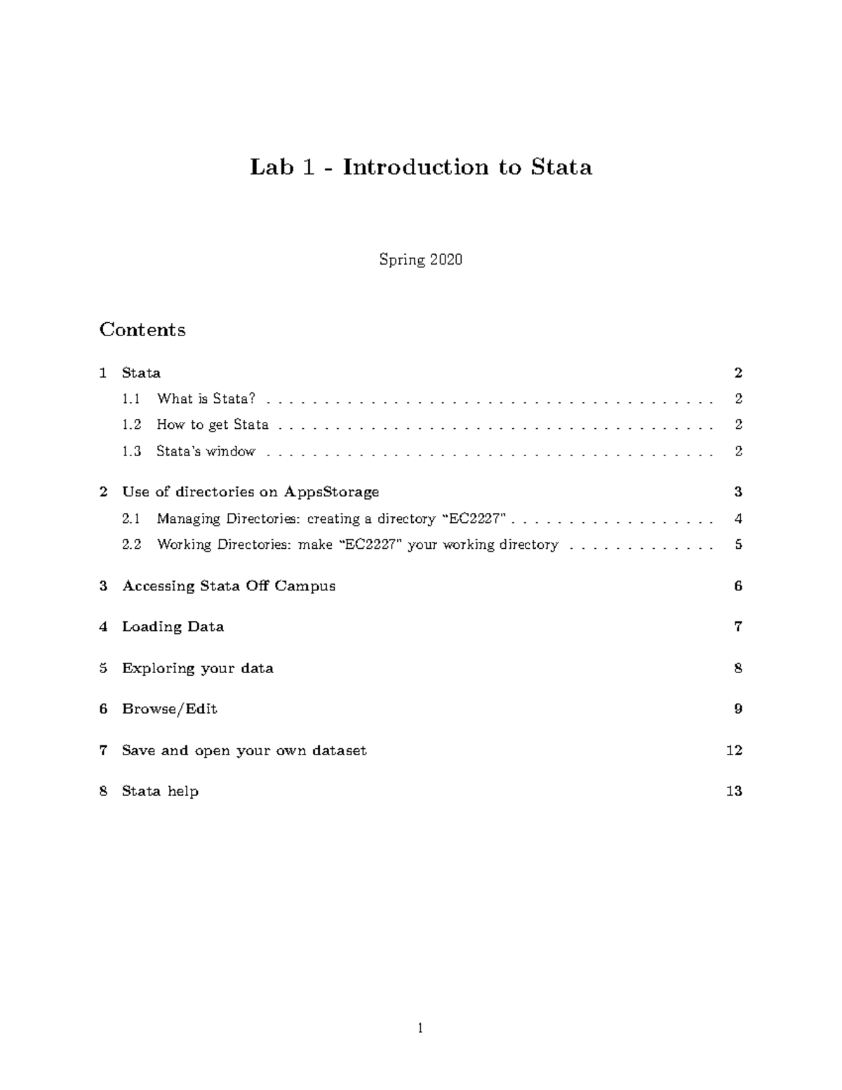 EC2227 STATA Lab1 - Lab 1 - Introduction To Stata - Spring 1 Stata ...