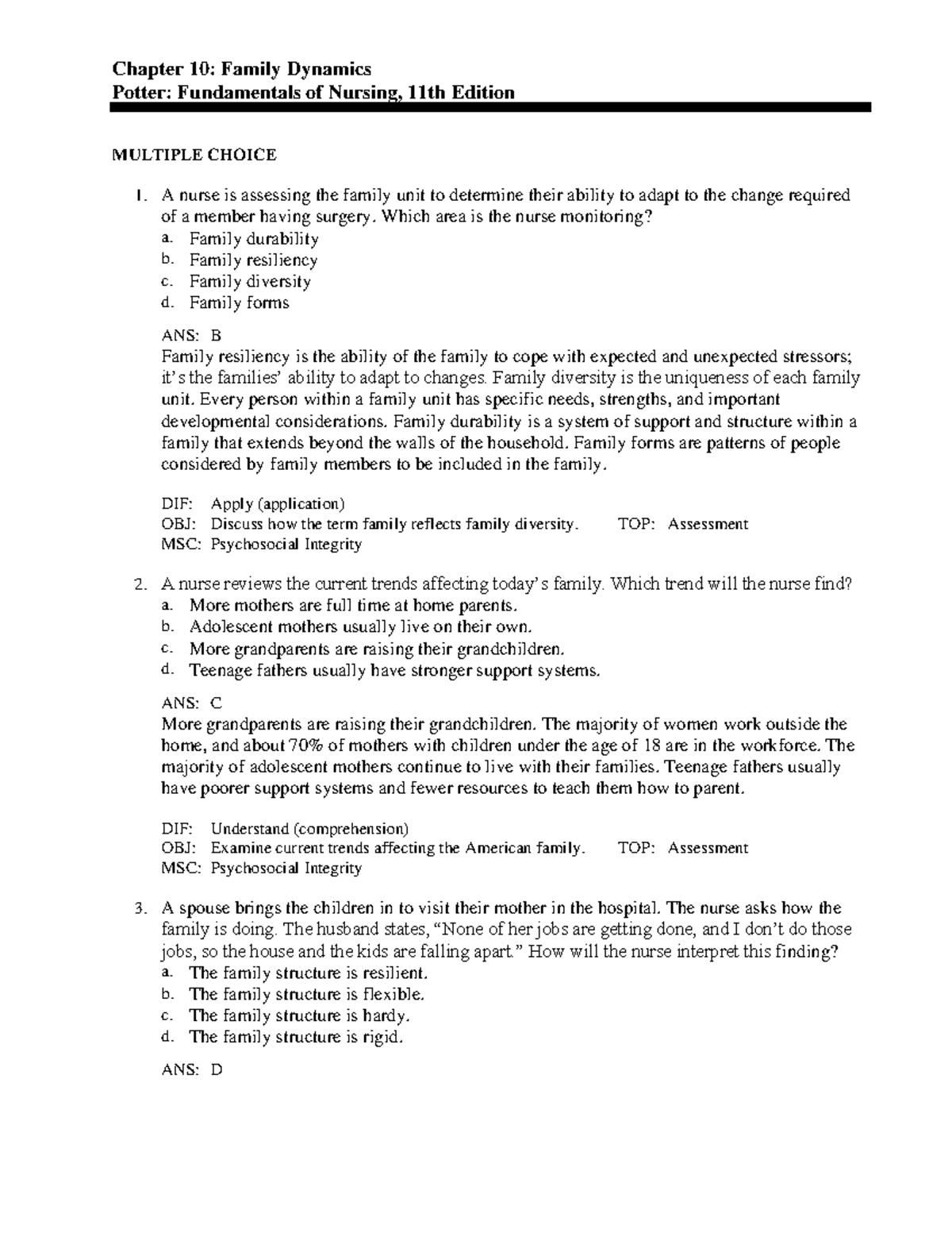 TB\10 - test bank - Chapter 10: Family Dynamics Potter: Fundamentals of ...