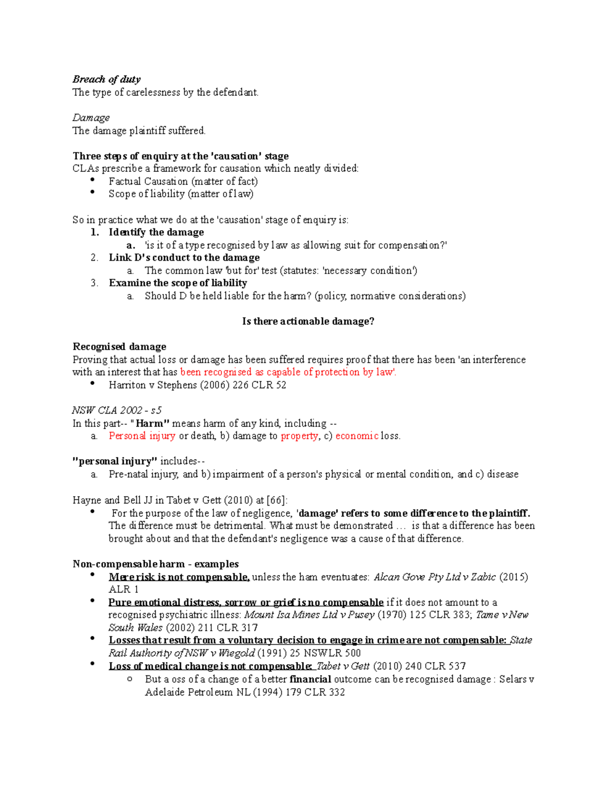 Lecture 4 notes - Breach of duty The type of carelessness by the ...