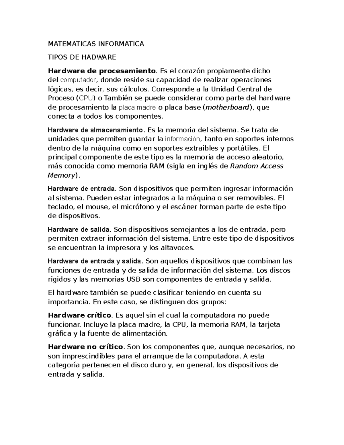 Matematicas Informatica 1 - MATEMATICAS INFORMATICA TIPOS DE HADWARE ...