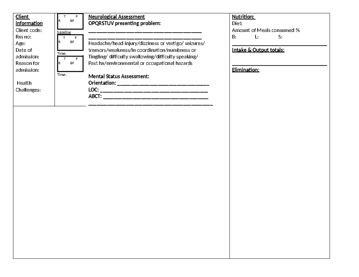 Neurological Assessment - Client information Client code: Rm no: Age ...