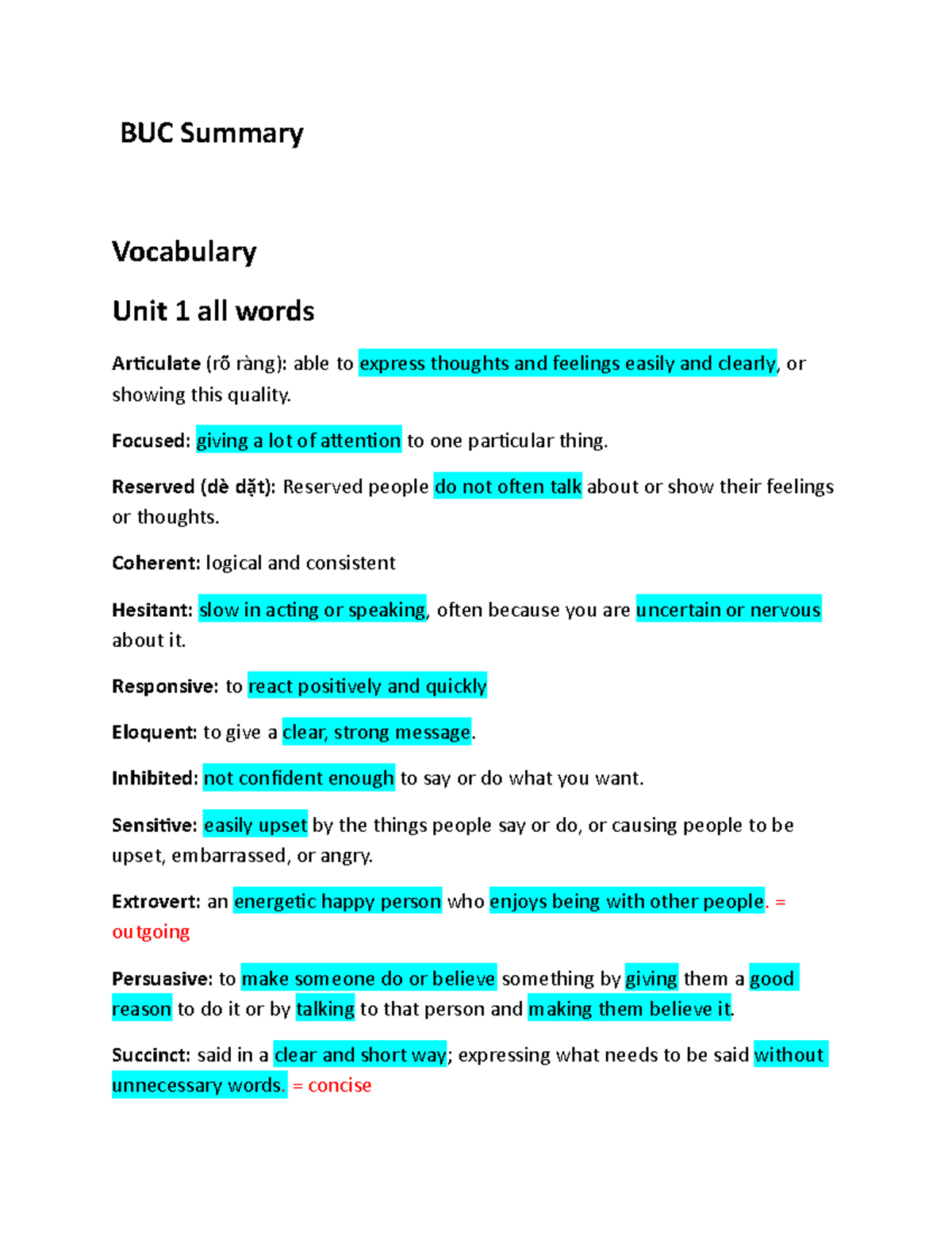 BUC 1 summary BUC Summary Vocabulary Unit 1 all words Articulate (rõ