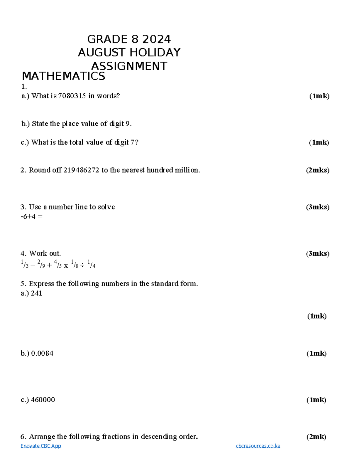 Grade 8 Mathematics August Holiday Assignment - Express the following ...