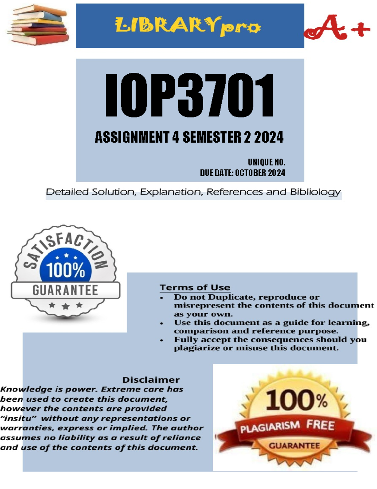 IOP3701 Assignment 4 Semester 2 2024 - IOP ASSIGNMENT 4 SEMESTER 2 2024 ...