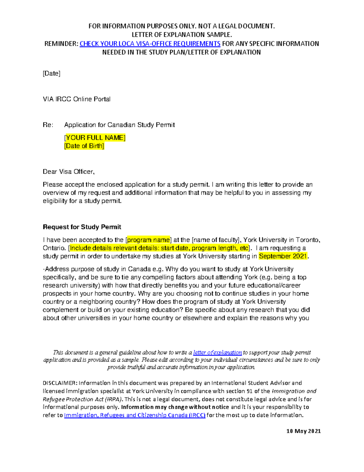 Letter-explanation-sample - FOR INFORMATION PURPOSES ONLY. NOT A LEGAL ...
