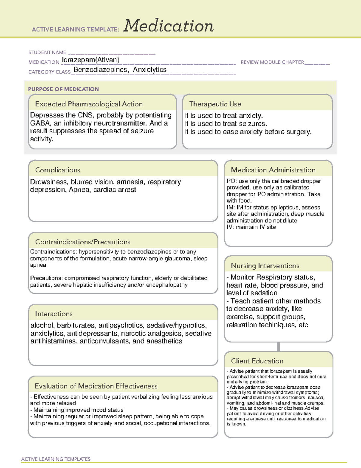 Lorezepam - Drug card - ACTIVE LEARNING TEMPLATES Medication STUDENT ...