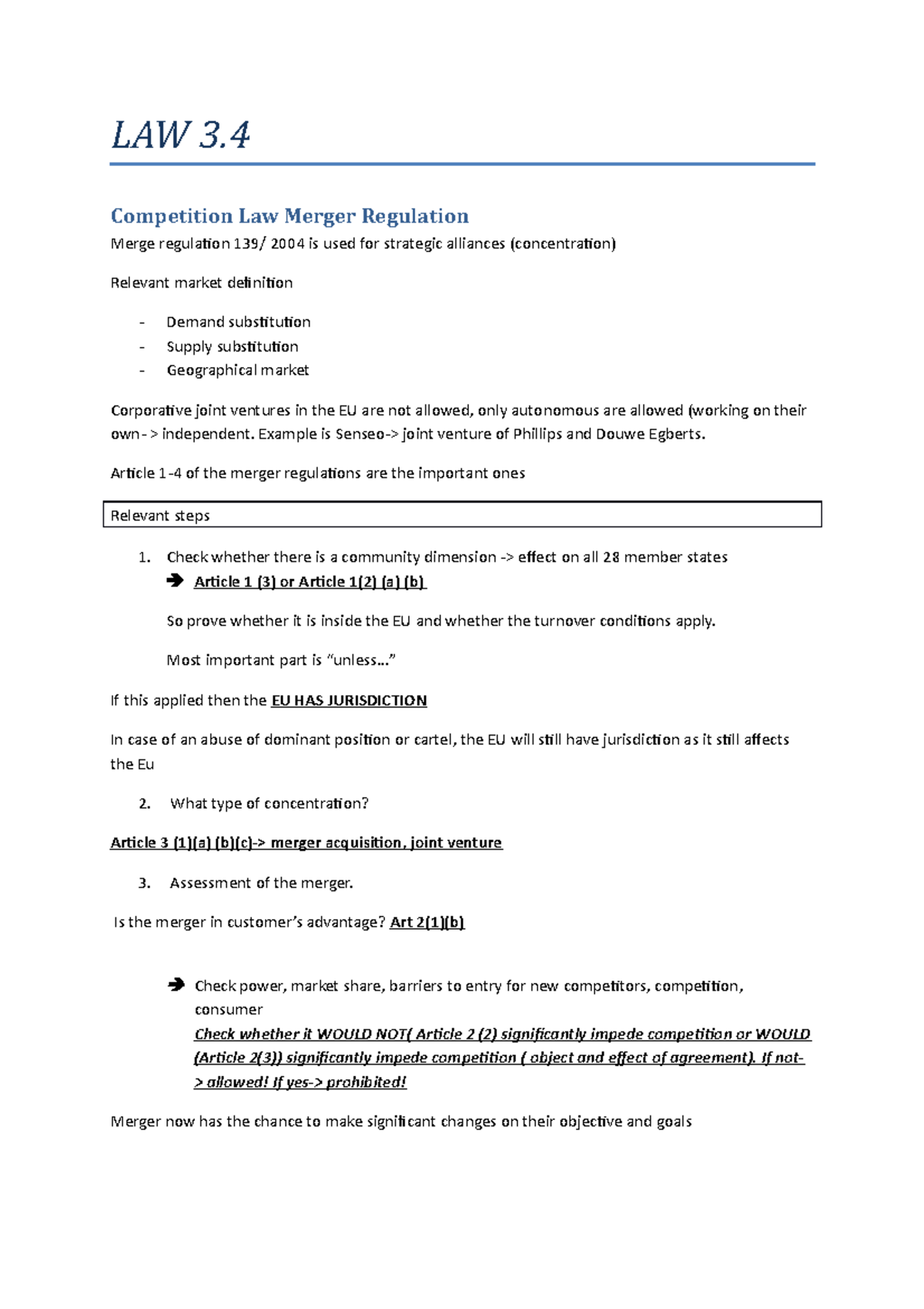 Samenvatting - compleet - Stappenplan - LAW 3 Competition Law Merger ...