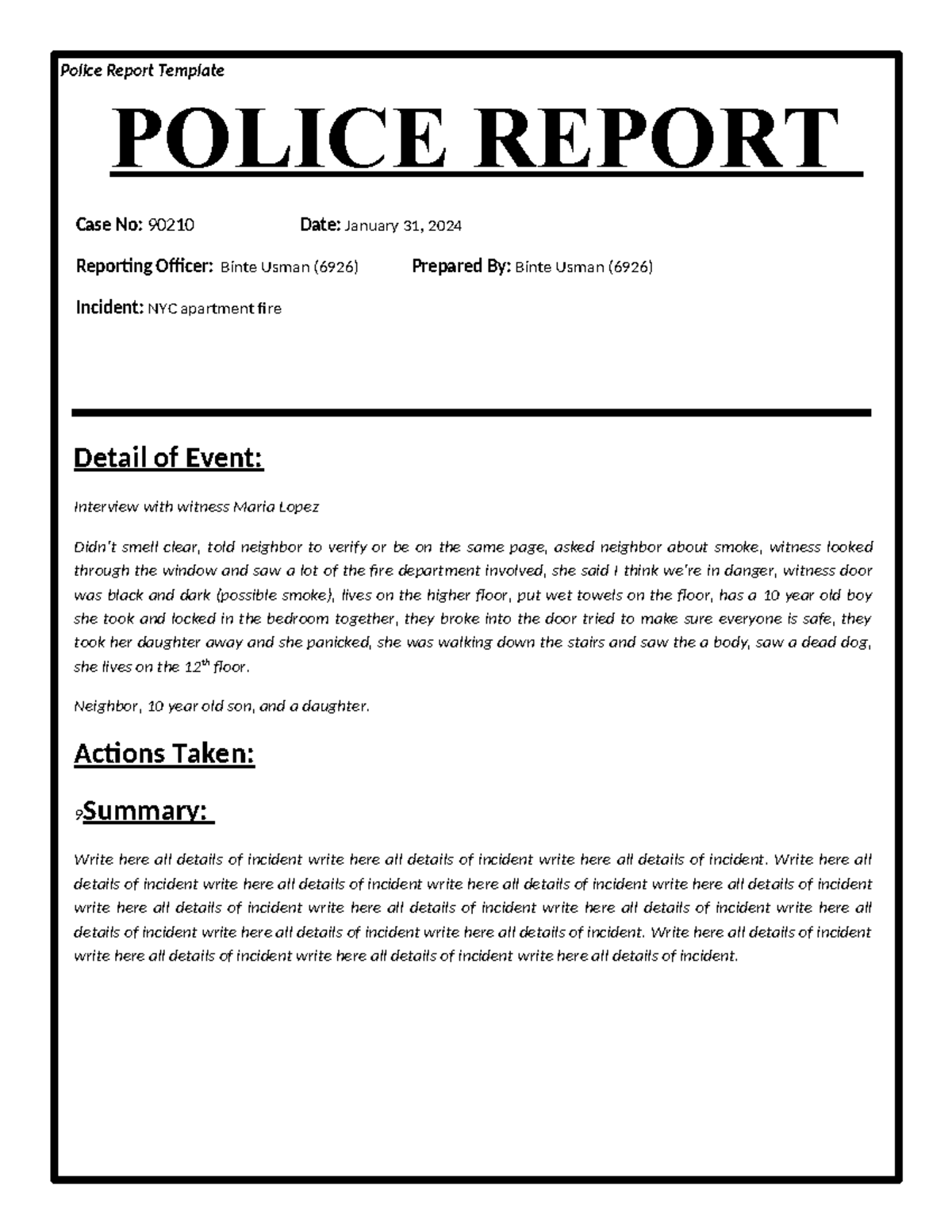 Blank Police Report Template Word Police Report Case No 90210 Date