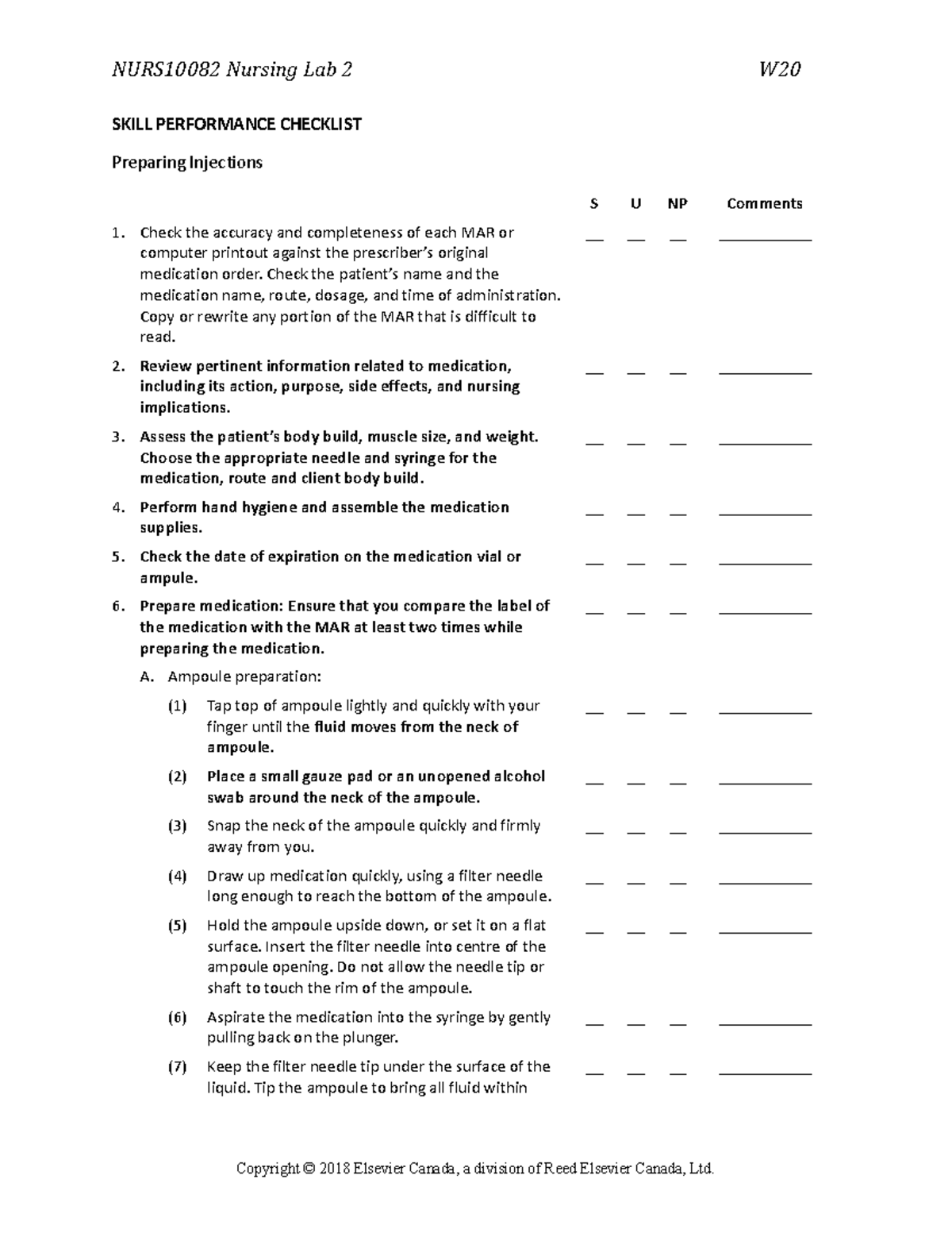 Preparing Injections Skills Checklist W201 - NURS10082 Nursing Lab 2 W ...