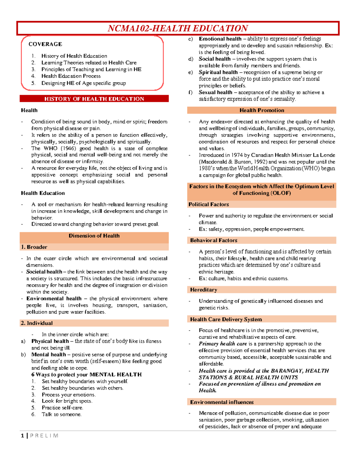 NCMA102 Prelim March 6 2023 NCMA102HEALTH EDUCATION HISTORY OF