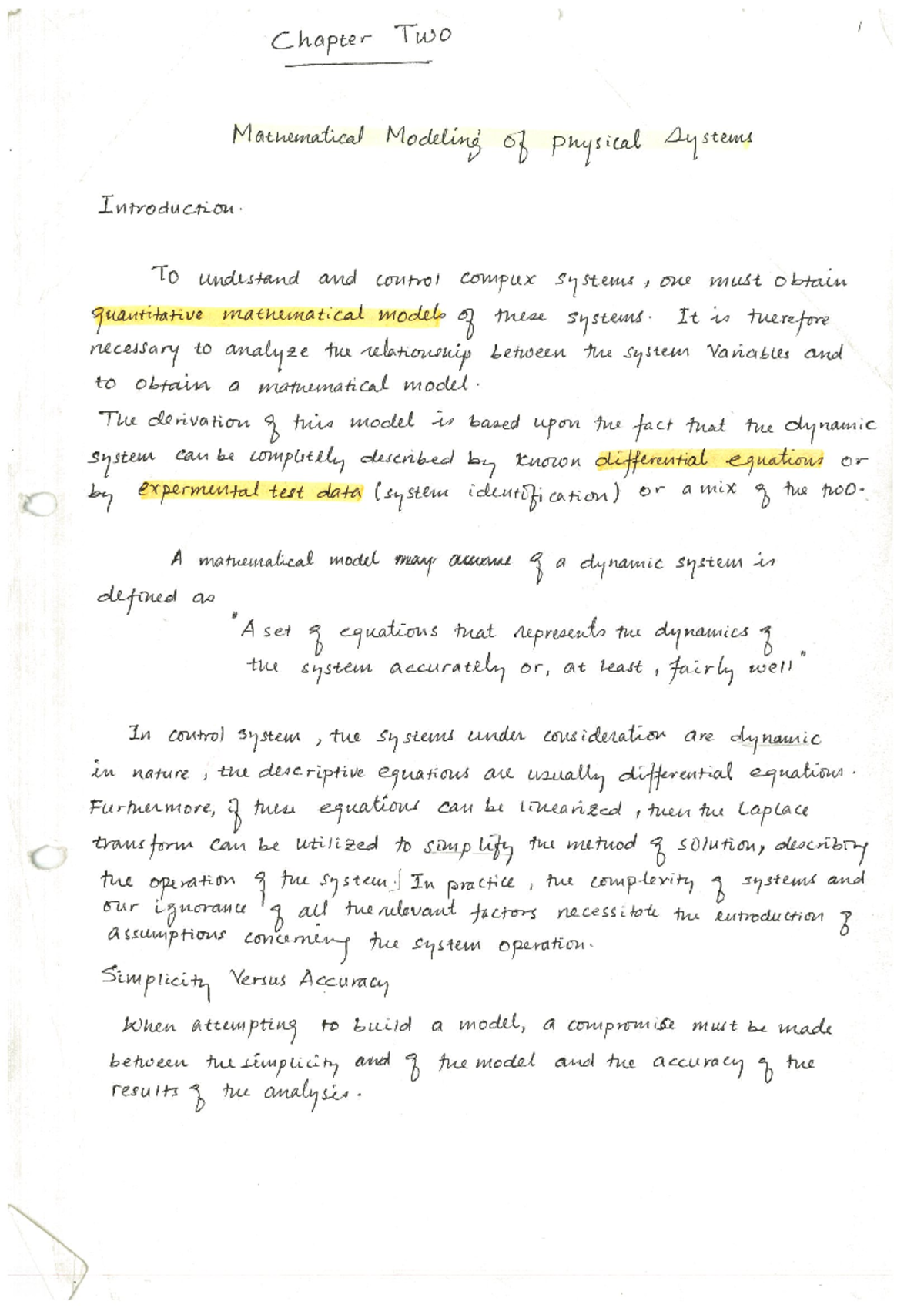 Chapter 2 Mathematical Modeling of Physical systems Part one ...
