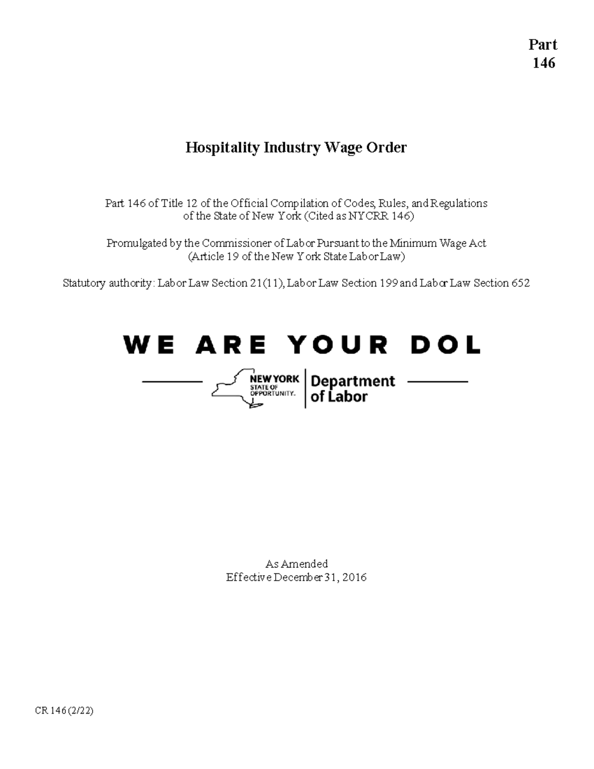 Cr146 Part 146 Hospitality Industry Wage Order Part 146 Of Title 12