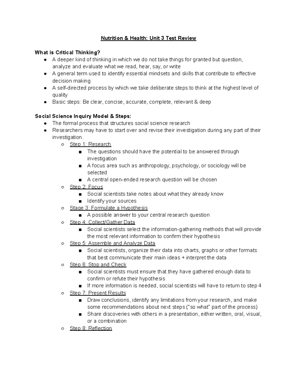Nutrition and Health Unit 3 Review Nutrition & Health Unit 3 Test
