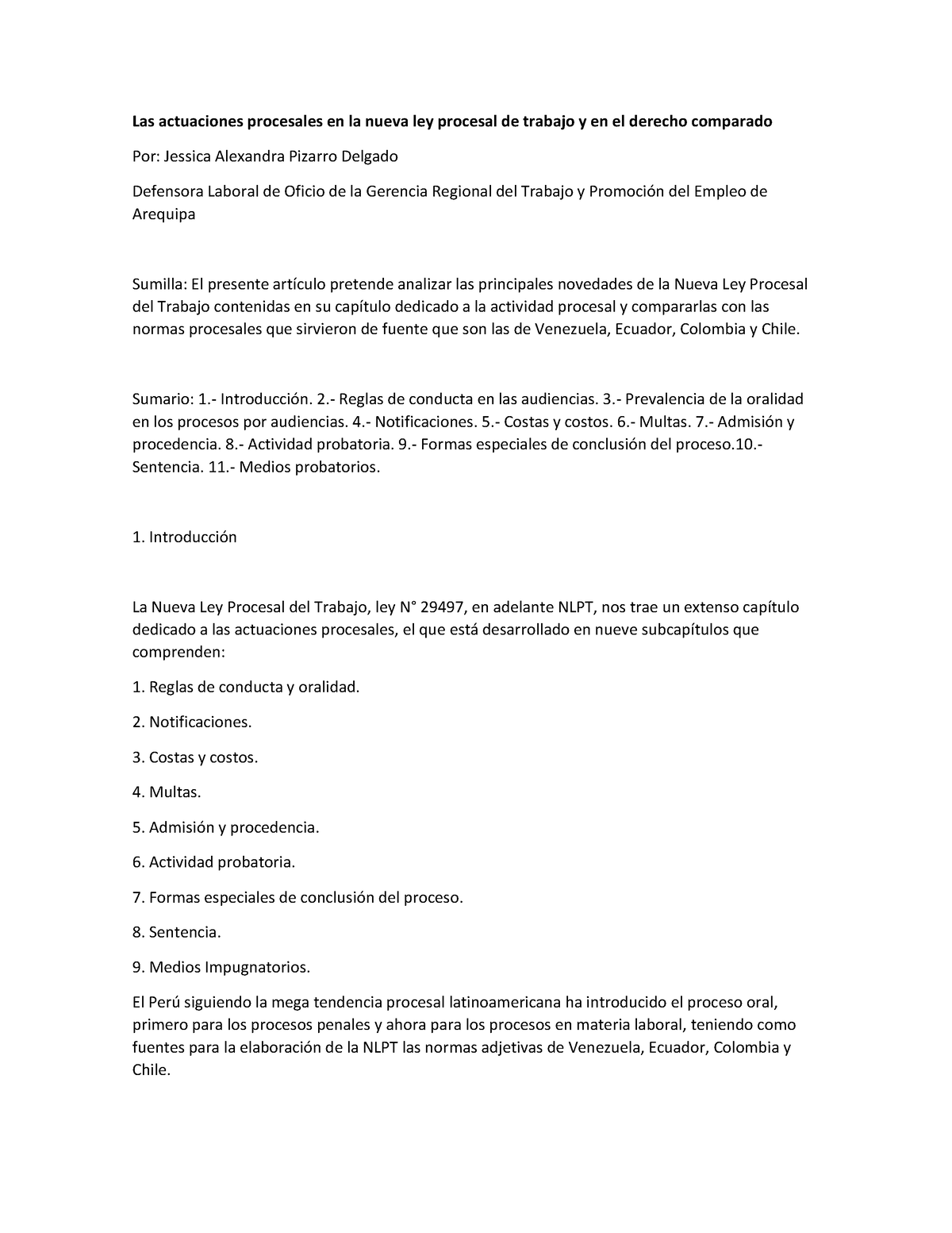 Las Actuaciones Procesales En La Nueva Ley Procesal De Trabajo Y En El ...