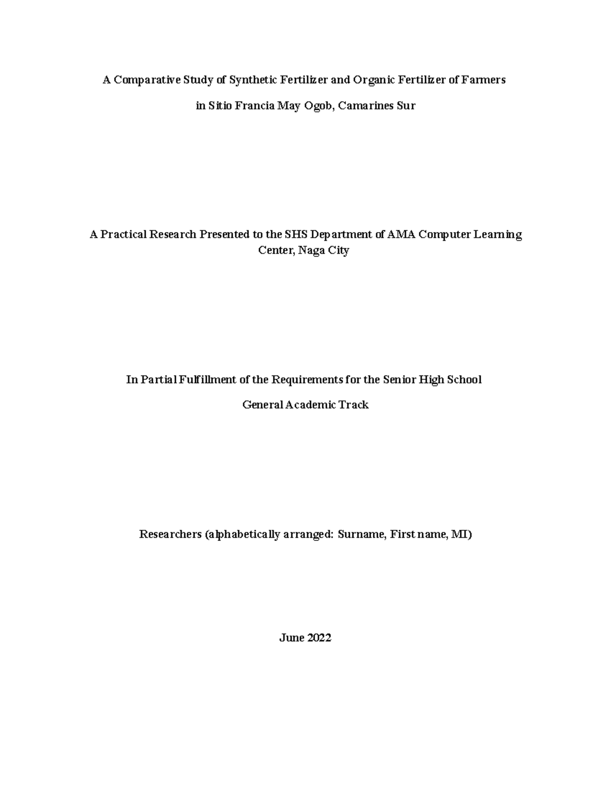 Research Format - A Comparative Study of Synthetic Fertilizer and ...