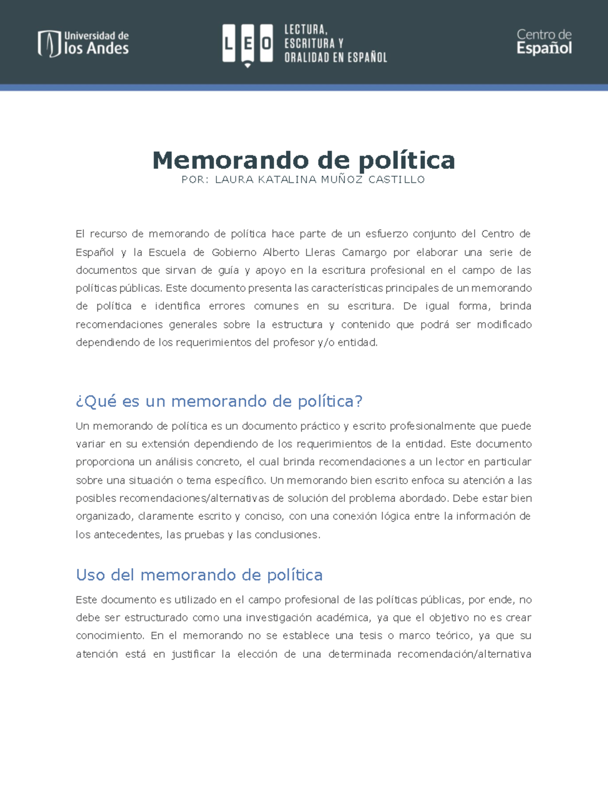 Memorando+de+Política Memorando de política P OR L AUR A K AT AL I