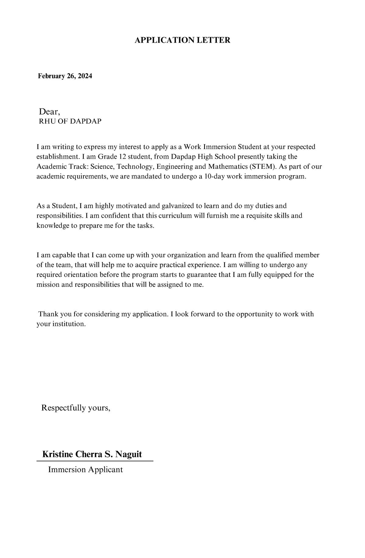 Application Letter - for us to be guided for our research - APPLICATION ...