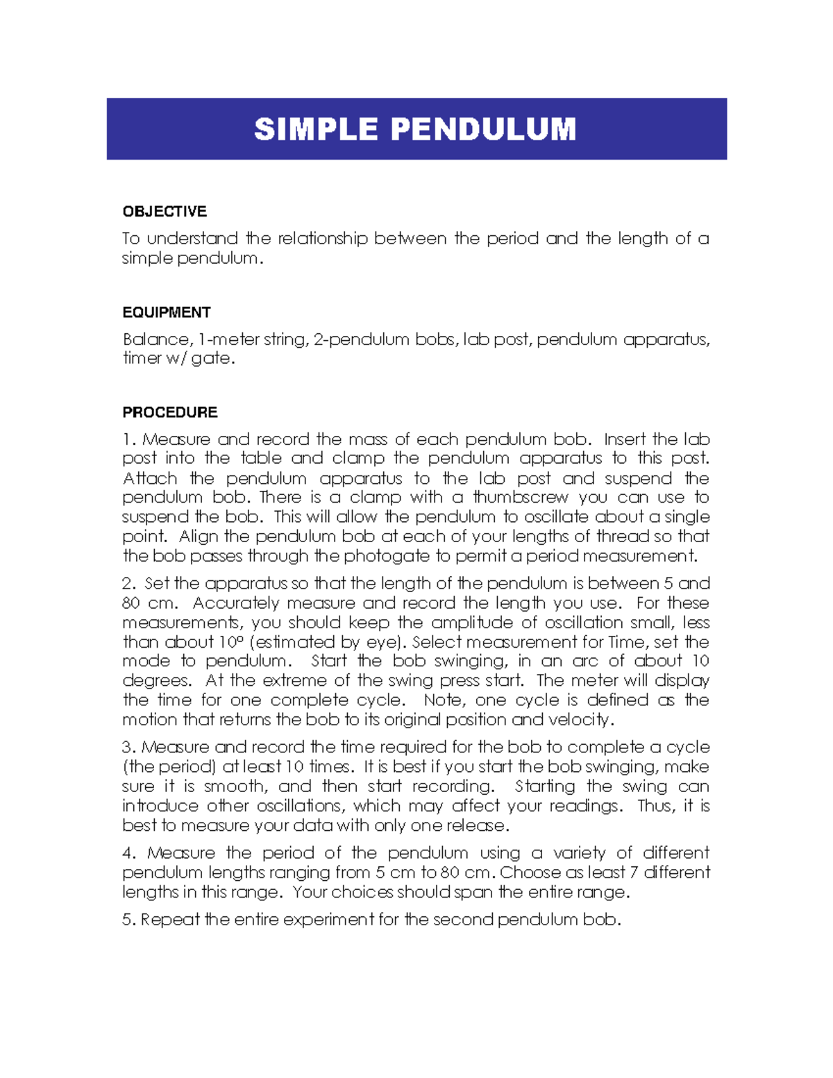 Simple pendulum rev 09102019 - SIMPLE PENDULUM OBJECTIVE To understand ...