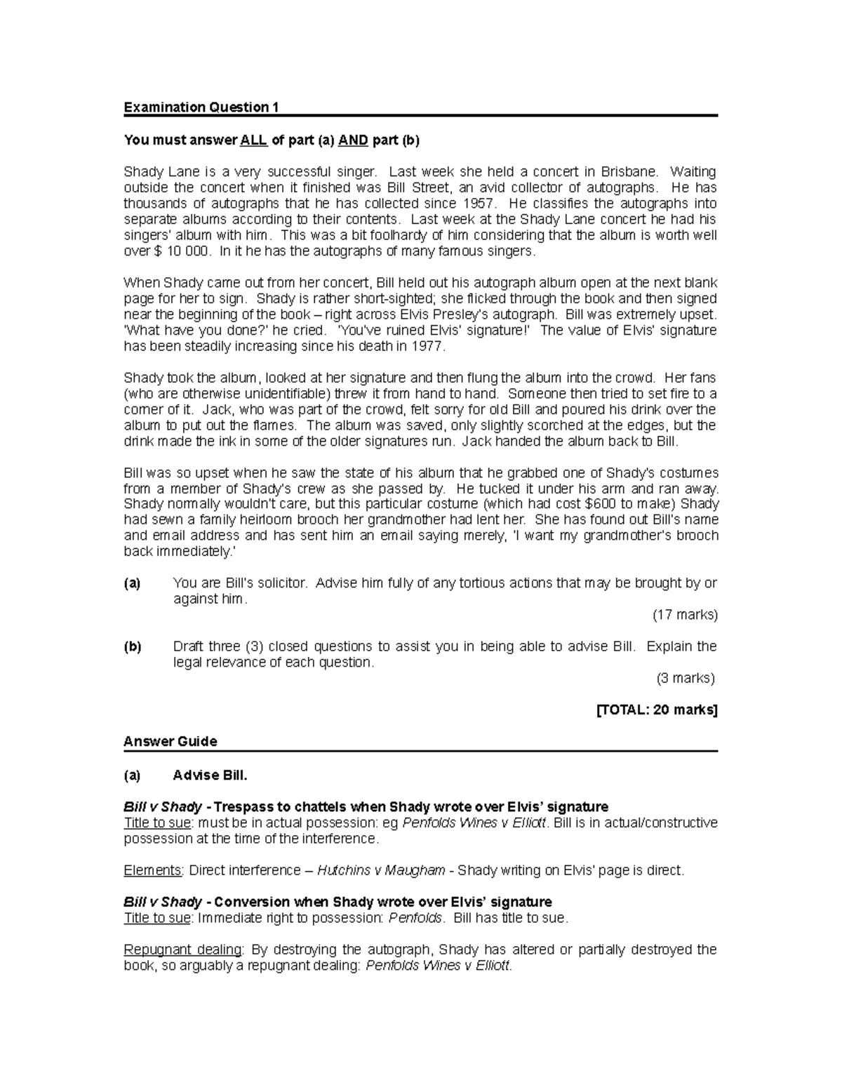 LLB Torts Past Exam Questions - Examination Question 1 You must answer ...