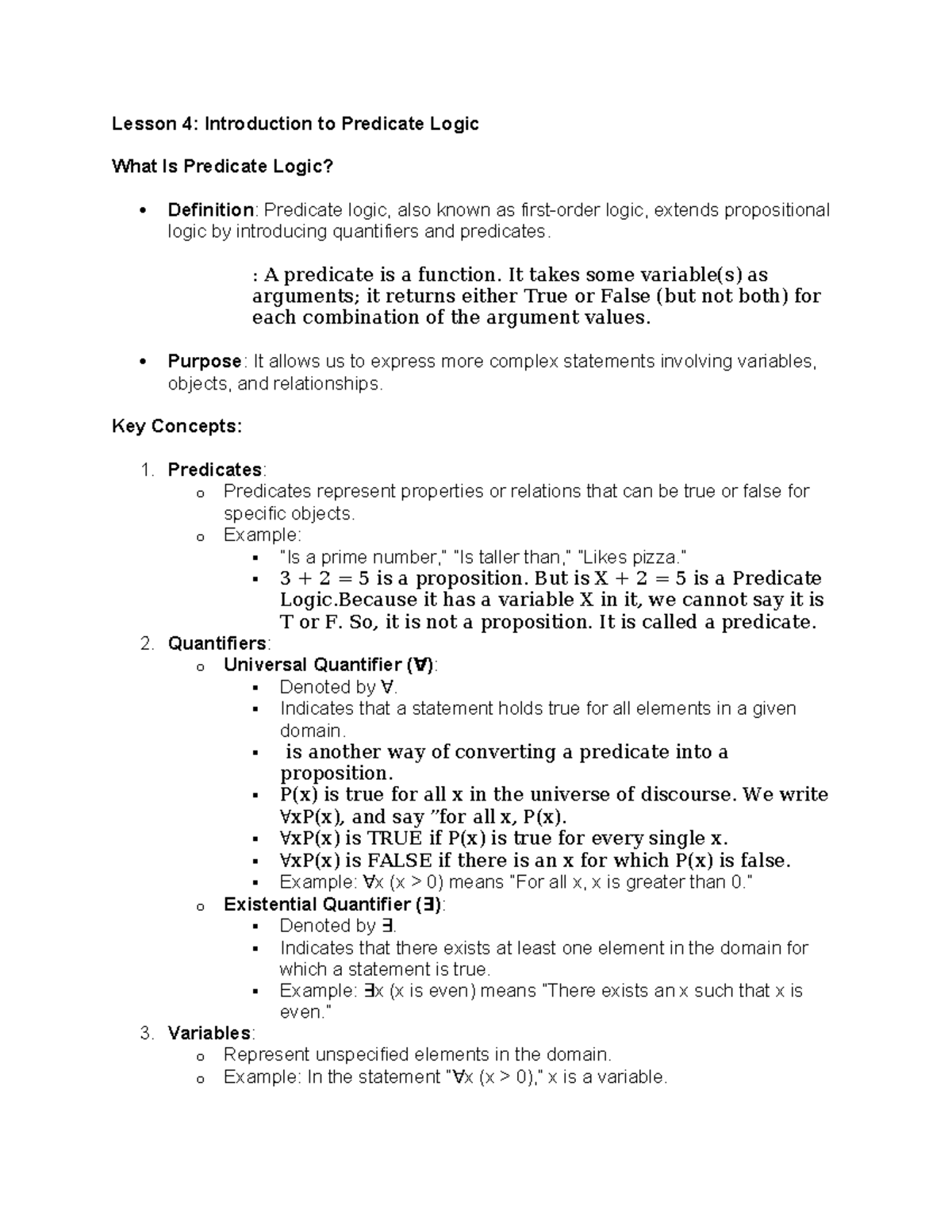 Lesson 4 Predicate Logic - Lesson 4: Introduction to Predicate Logic ...