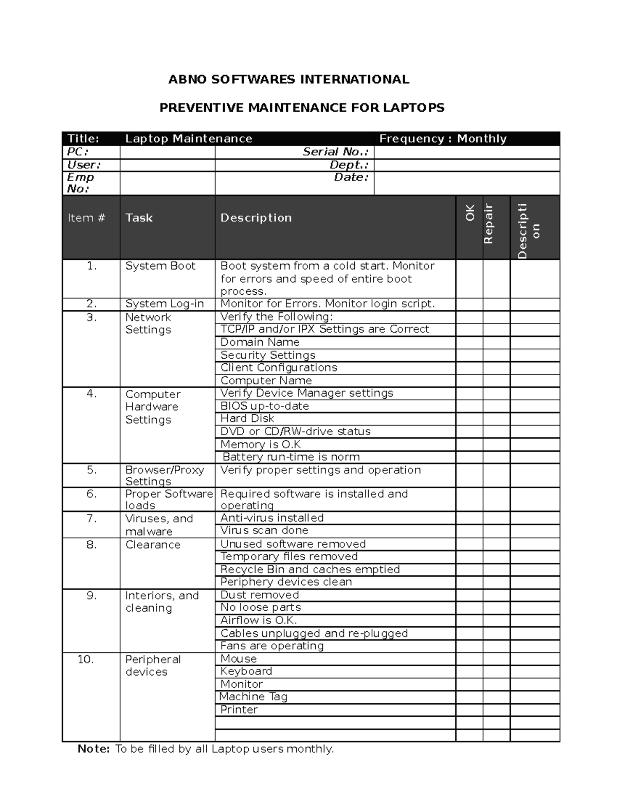 Preventive Maintenance checklistLaptops Managerial Statistics Studocu