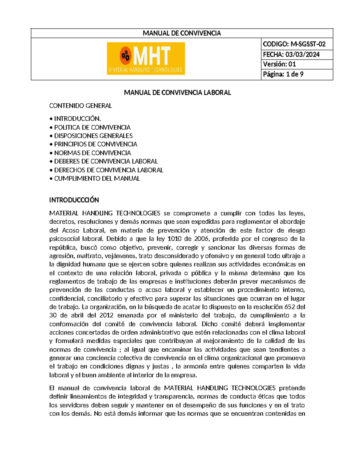 M- Sgsst-02 Manual DE Convivencia - CODIGO: M-SGSST- FECHA: 03/03 ...