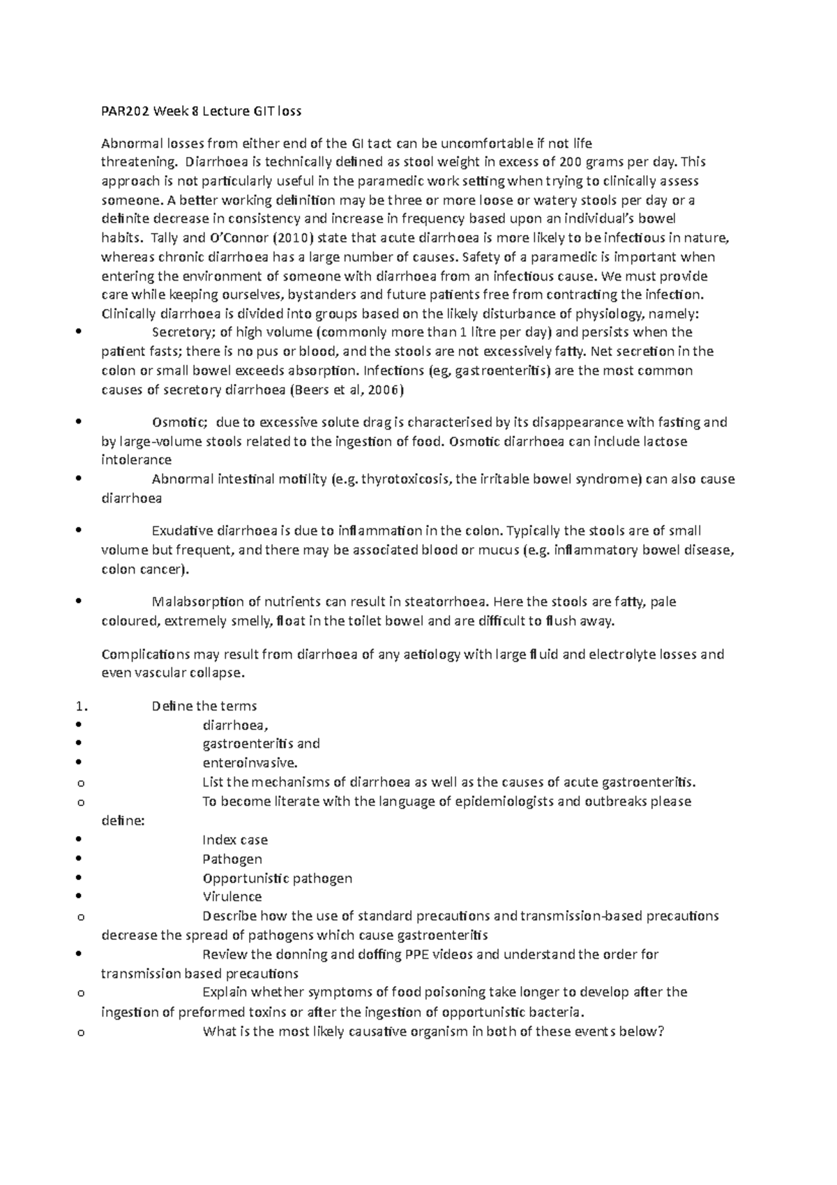 PAR202 Week 8 Pre GIT Loss Hygiene Medical Emergencies USC StuDocu