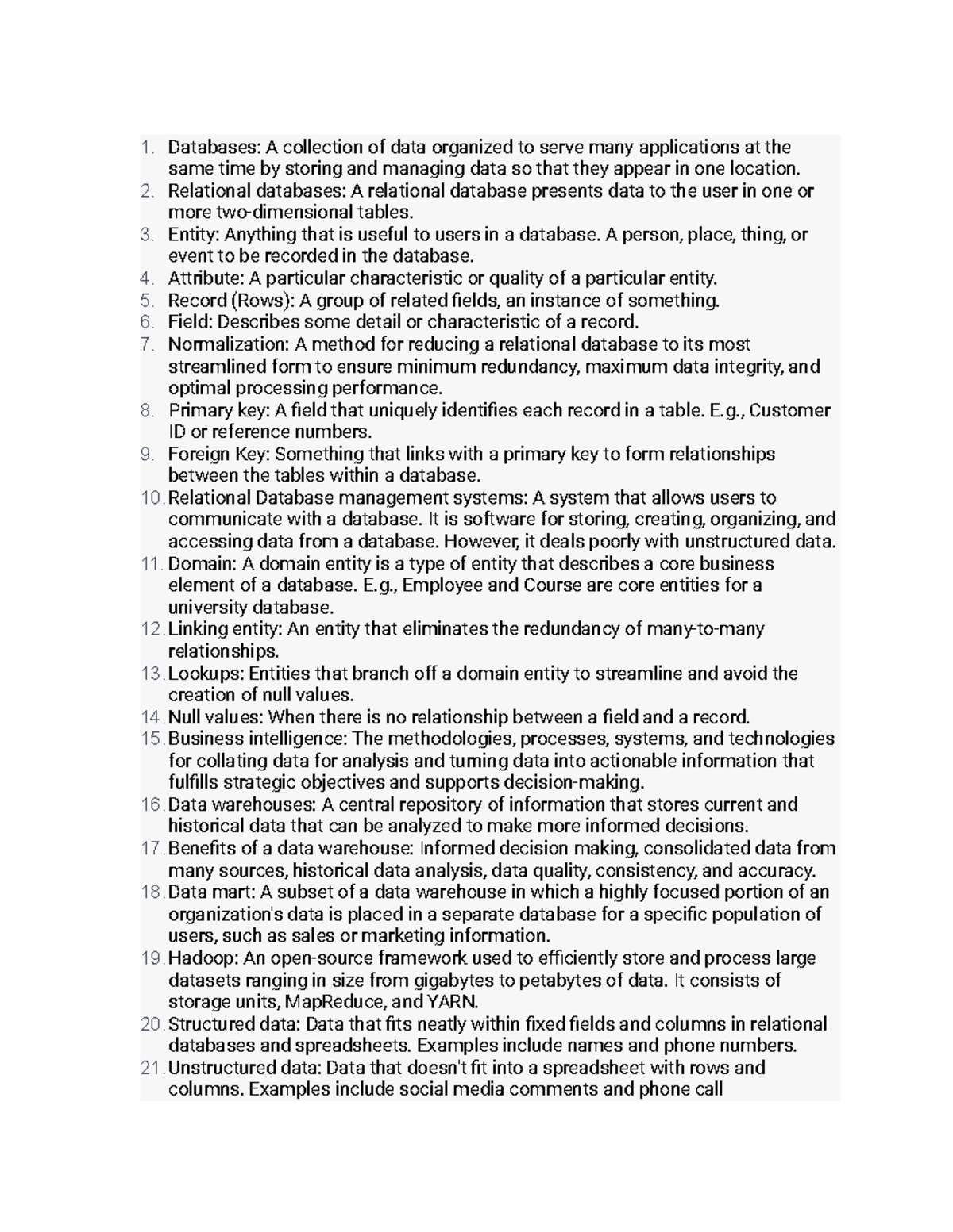 BISM Definitions - notes - Databases: A collection of data organized to ...