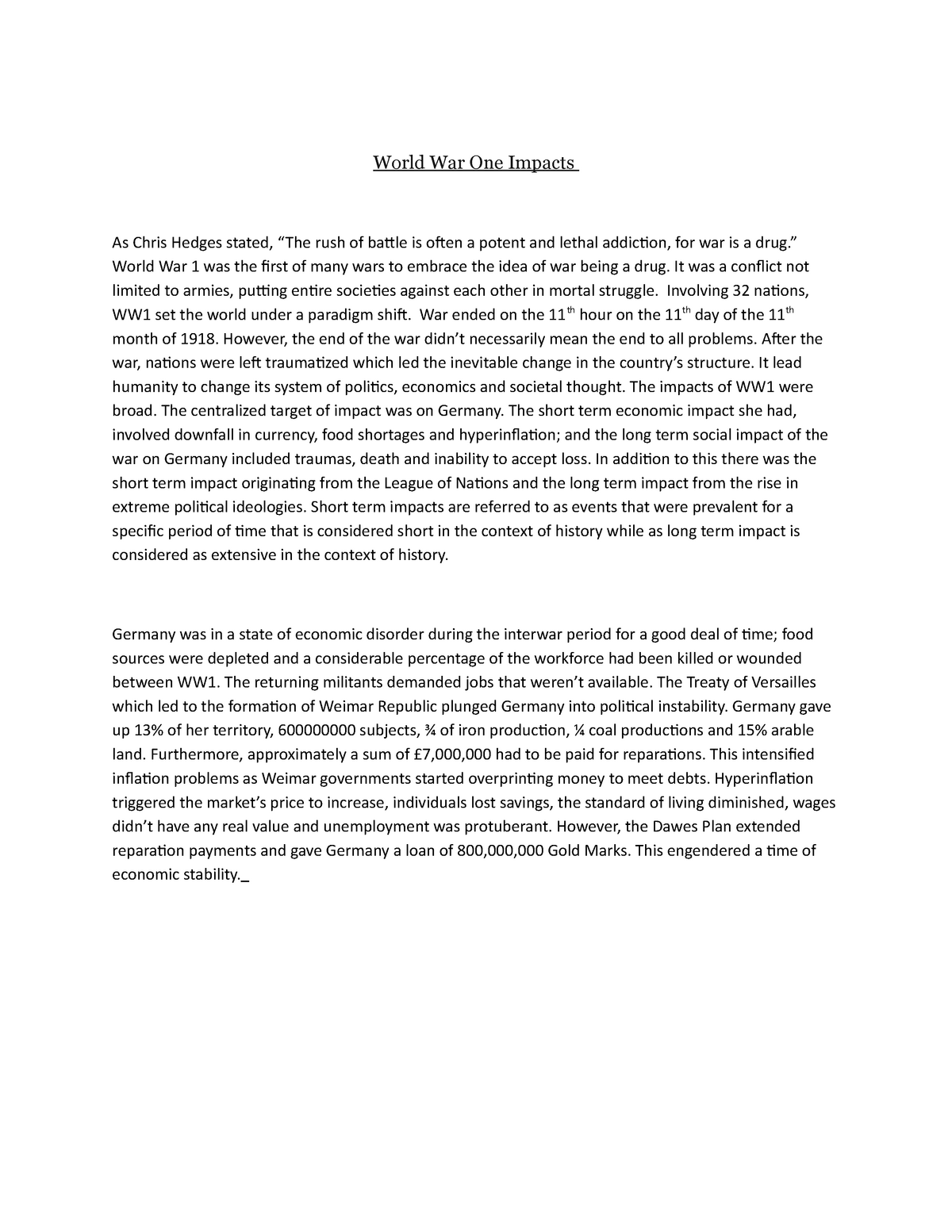 short essay about ww1