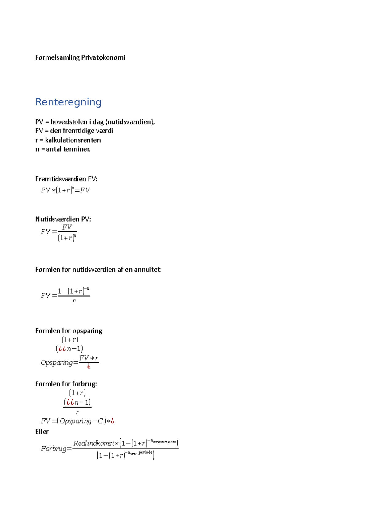 Formelsamling Privatøkonomi 2020 - Privatøkonomi - Aarhus - Studocu