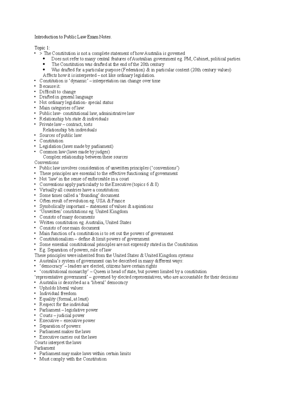 Introduction to Public Law Exam Notes - Topic 1: • > The Constitution ...