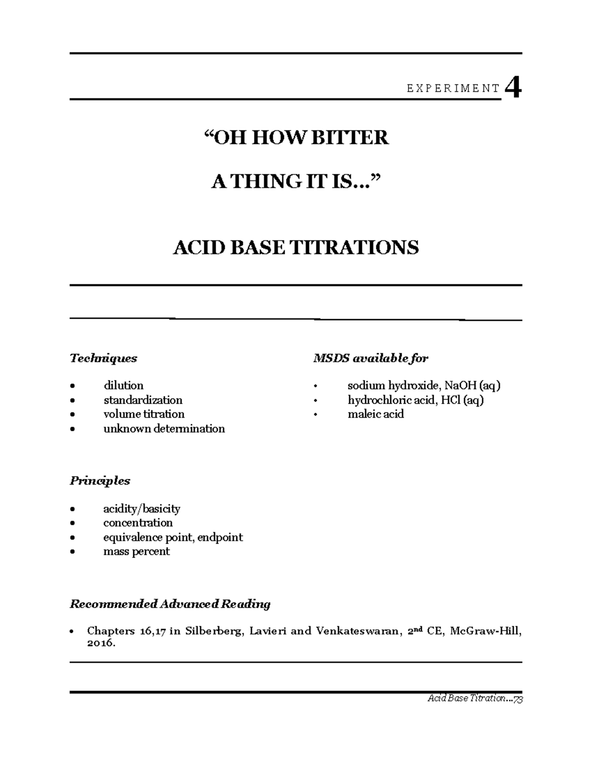 Experiment 4 Acid Base Titrations Theory and Procedure Acid Base