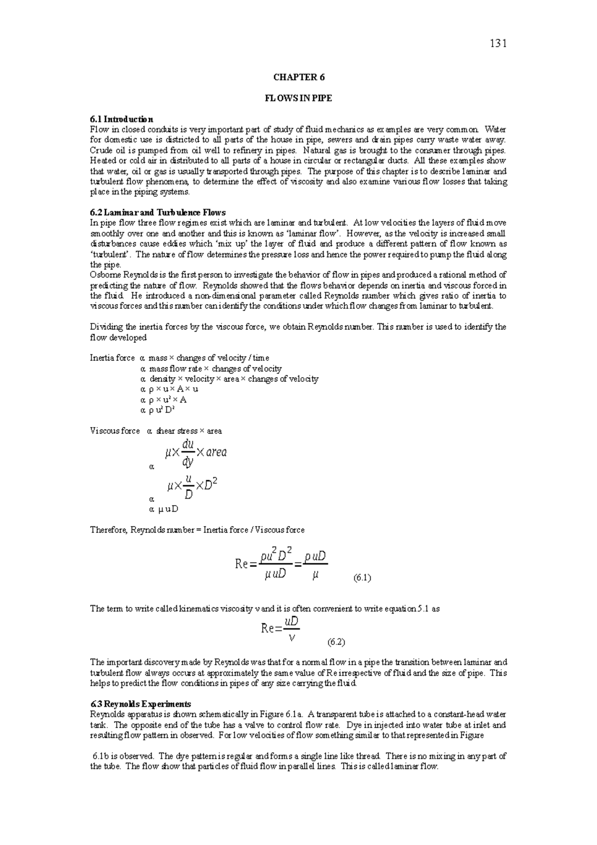 Chapter 6 Flow In Pipes Final - CHAPTER 6 FLOWS IN PIPE 6 Introduction ...