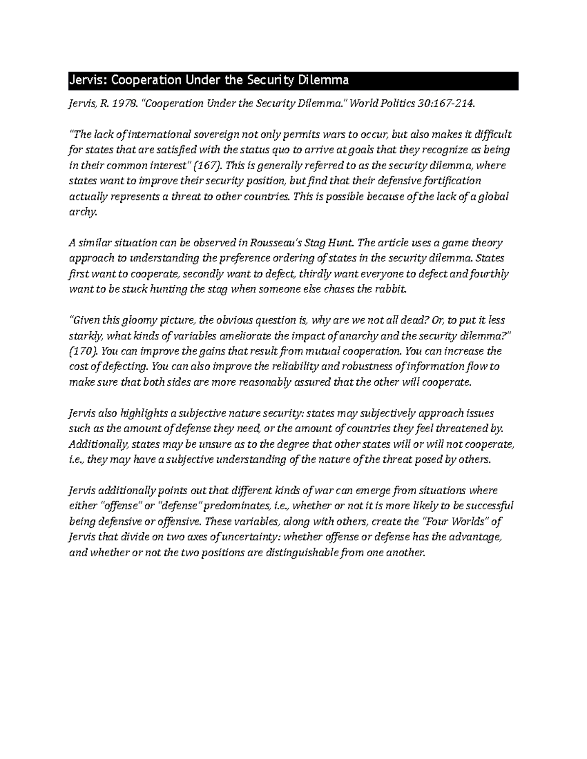 Jervis Cooperation Under the Security Dilemma Summary - Jervis ...