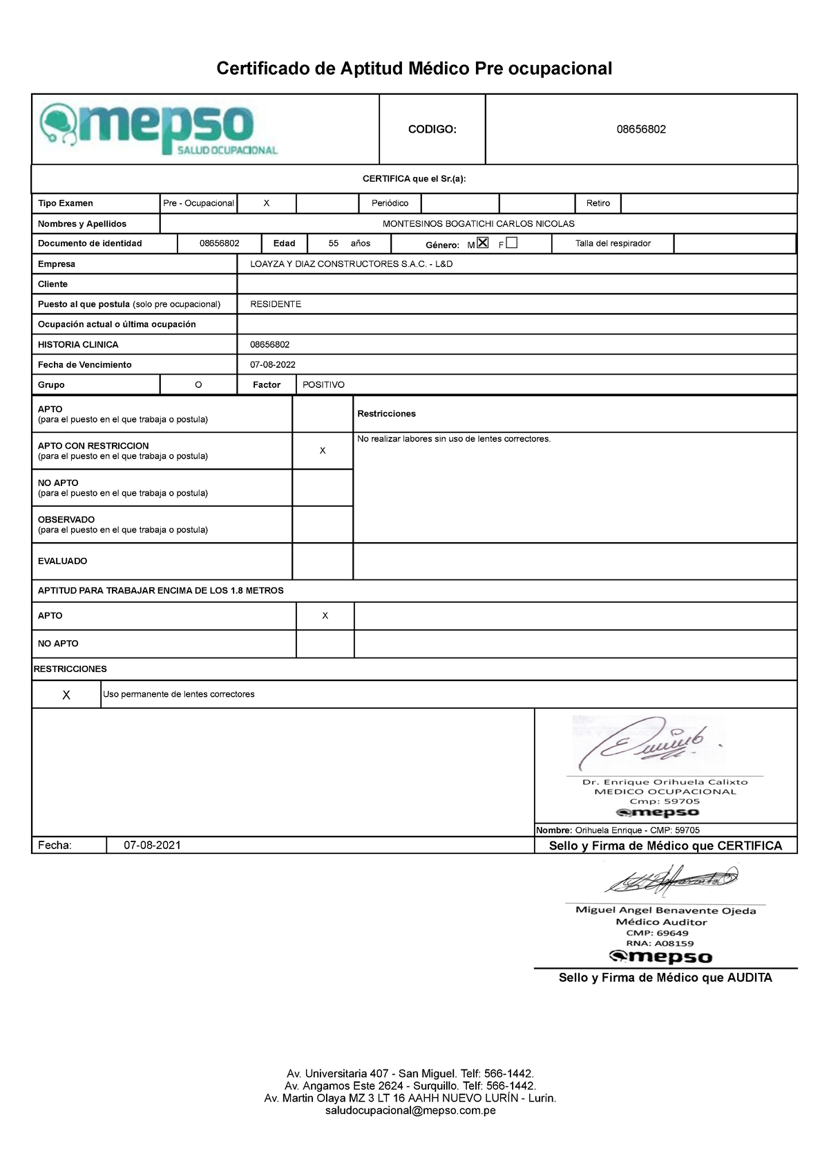 Montesinos Examen Certificado De Aptitud Médico Pre Ocupacional Codigo 08656802 Certifica 6139