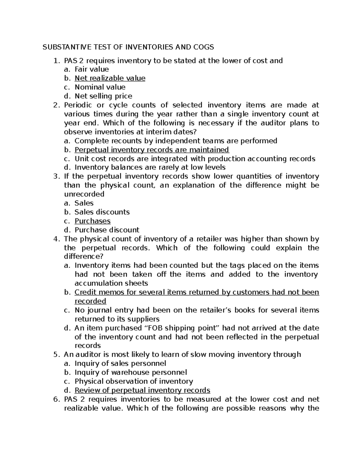 Inventories MCQ print - audit - SUBSTANTIVE TEST OF INVENTORIES AND ...